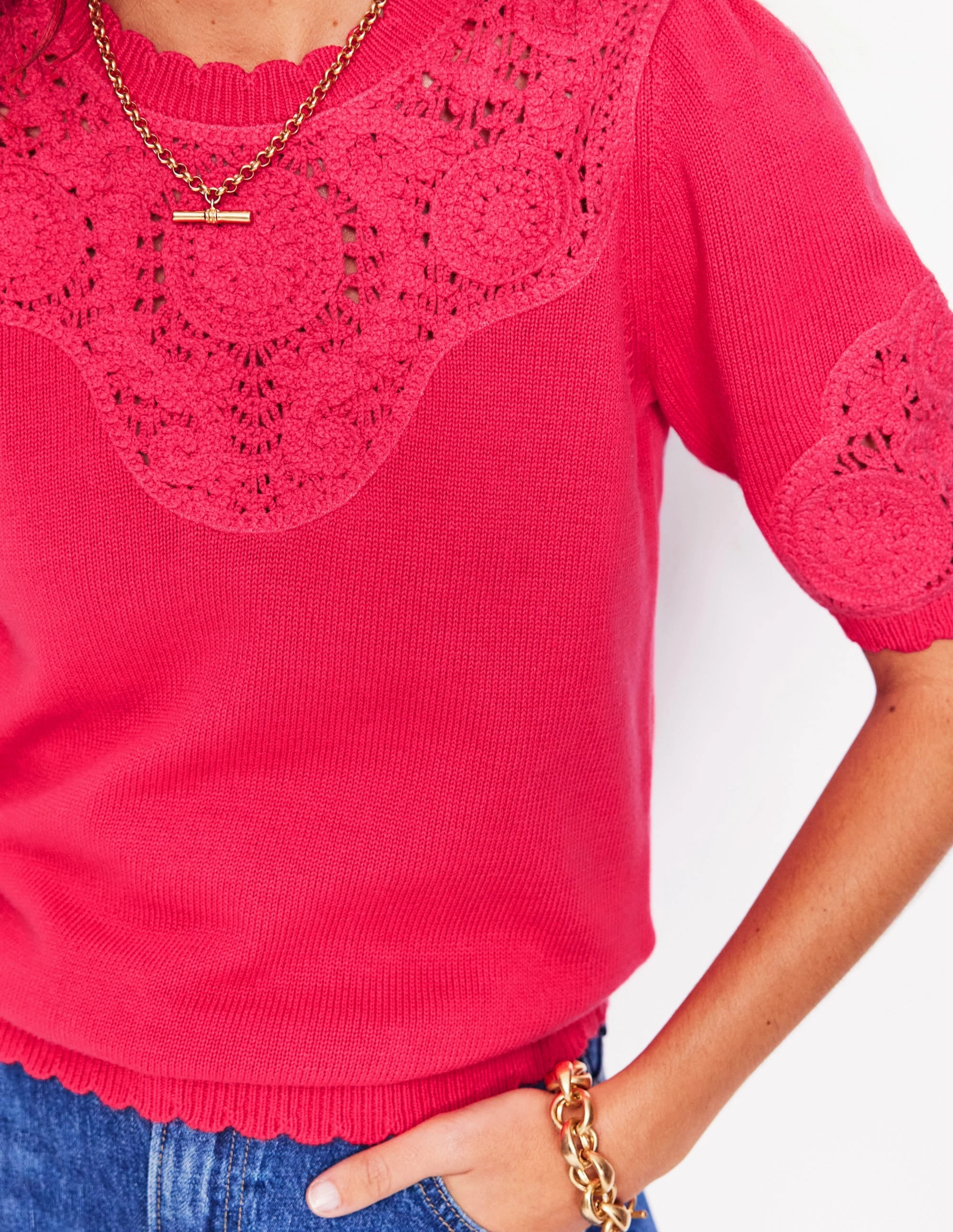 Classic Warmth Dimensional Stability Embroidered Yoke Knitted Tee-Camelia Pink
