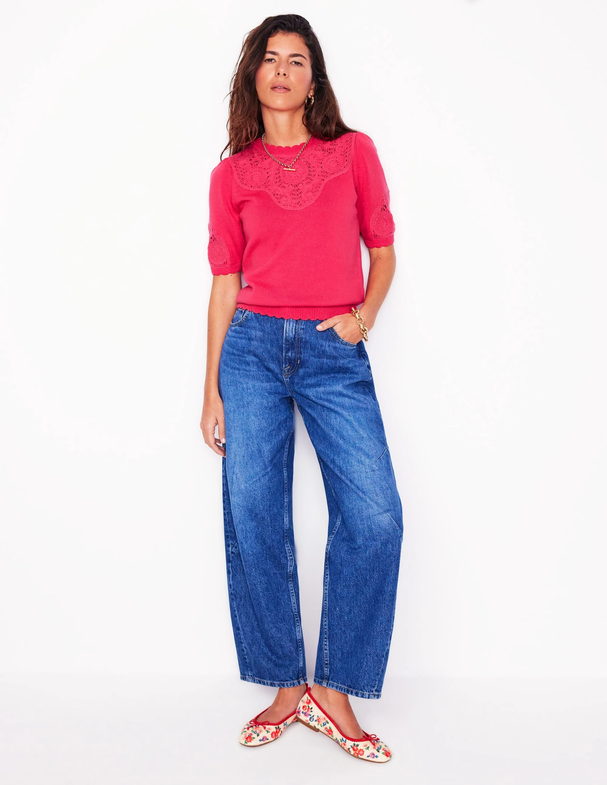 Daily Casual Indoor style Embroidered Yoke Knitted Tee-Camelia Pink