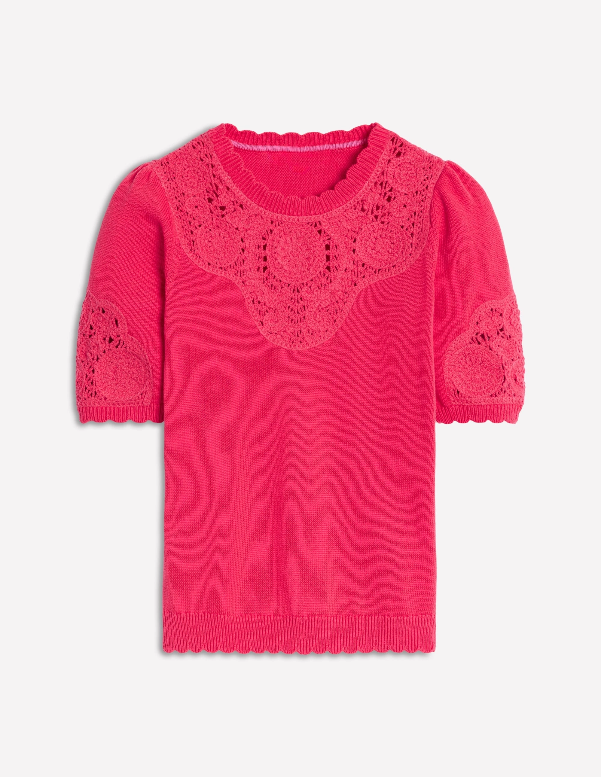 Embroidered Yoke Knitted Tee-Camelia Pink Reinforced Shoulder Seams