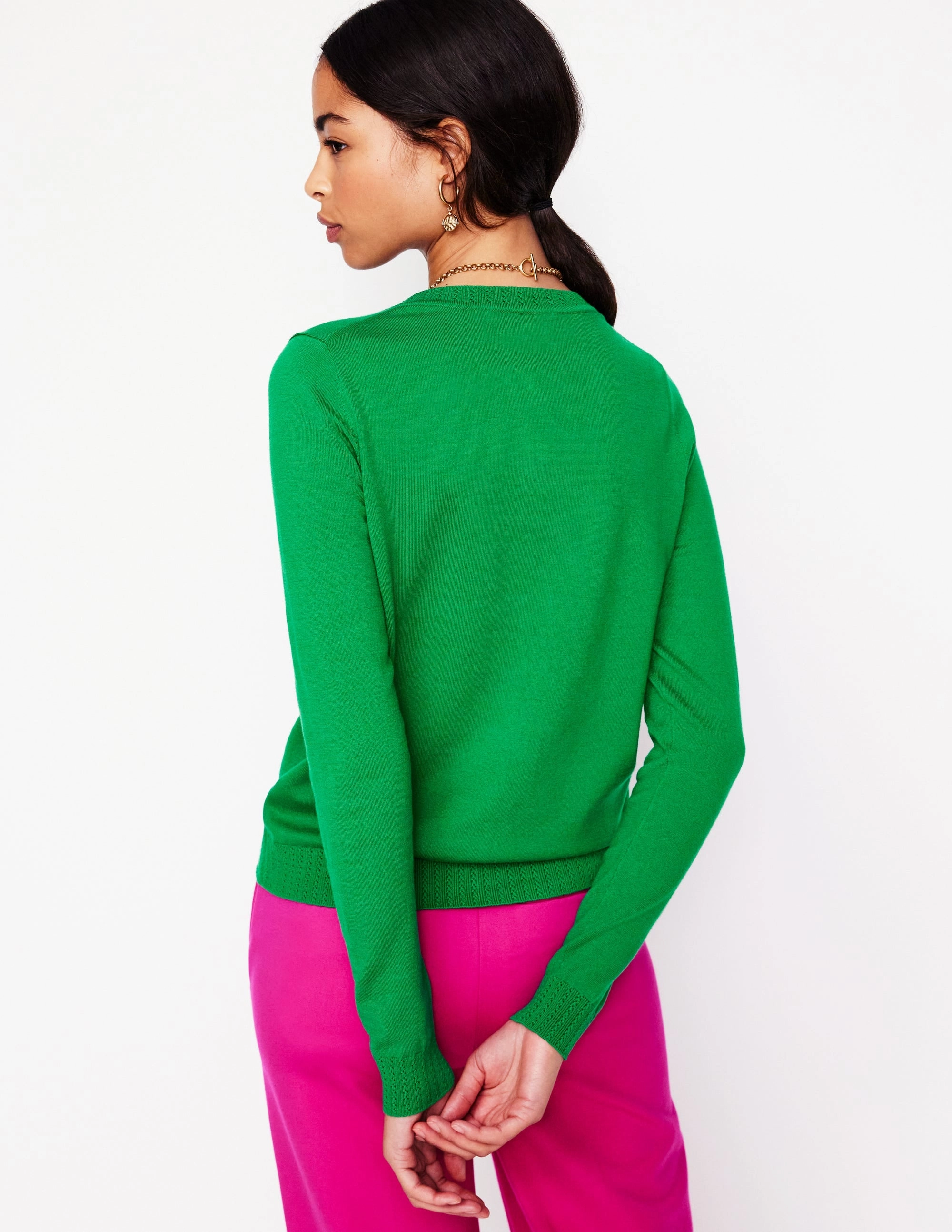 Emilia Cotton Crew Cardigan-Rich Emerald Off Duty Look
