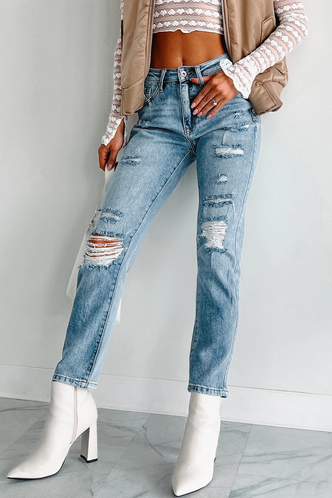 Emilio High Rise Distressed Rigid Stretch Special A Jeans (Medium Light) Printed top