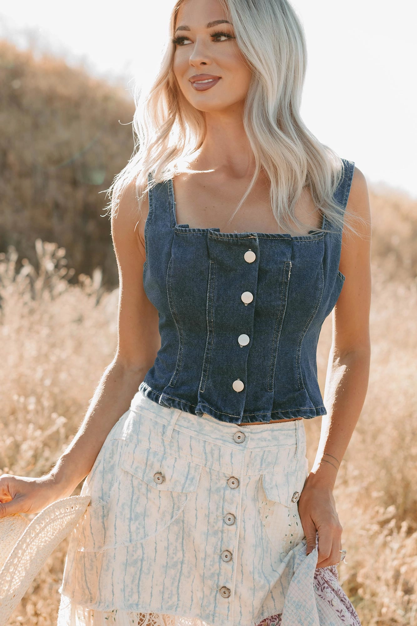 Summer Dress End Of Beginning Pleated Denim Tank Top (Denim)