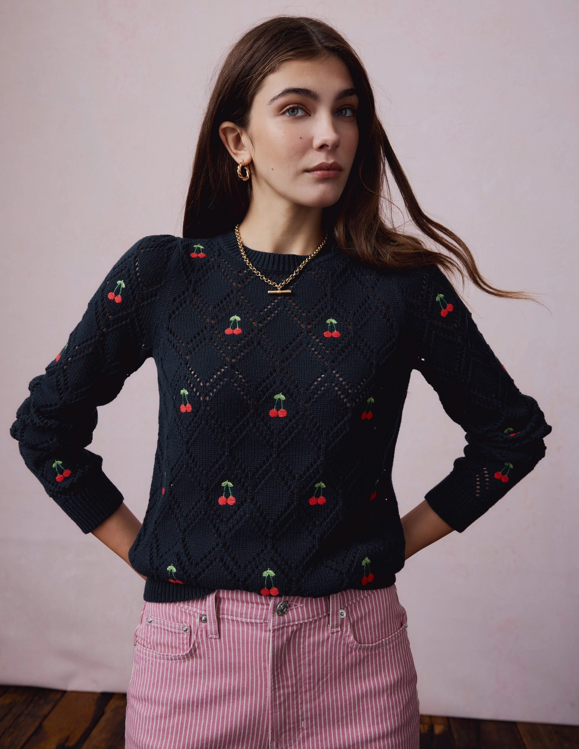Enid Embroidered Jumper-Navy, Cherries Circular Knit Design Odor Resistant Fabric