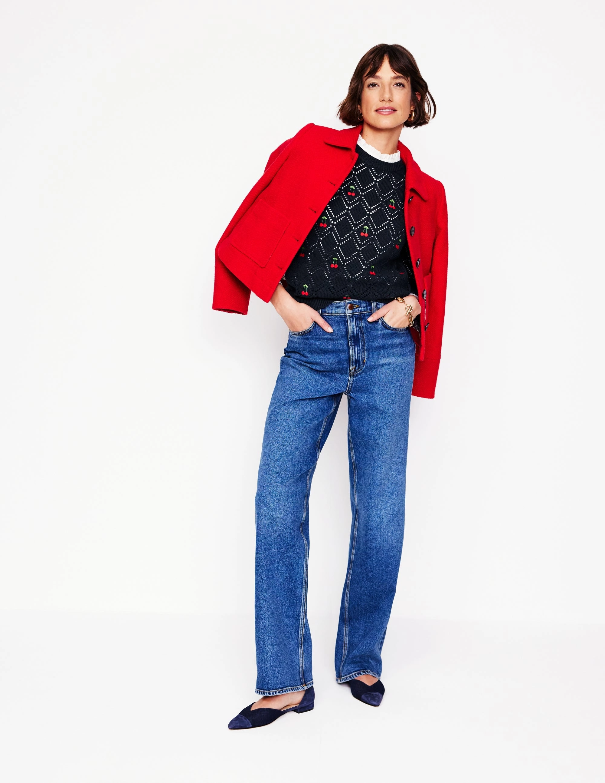 Enid Embroidered Jumper-Navy, Cherries MoistureWicking Fabric