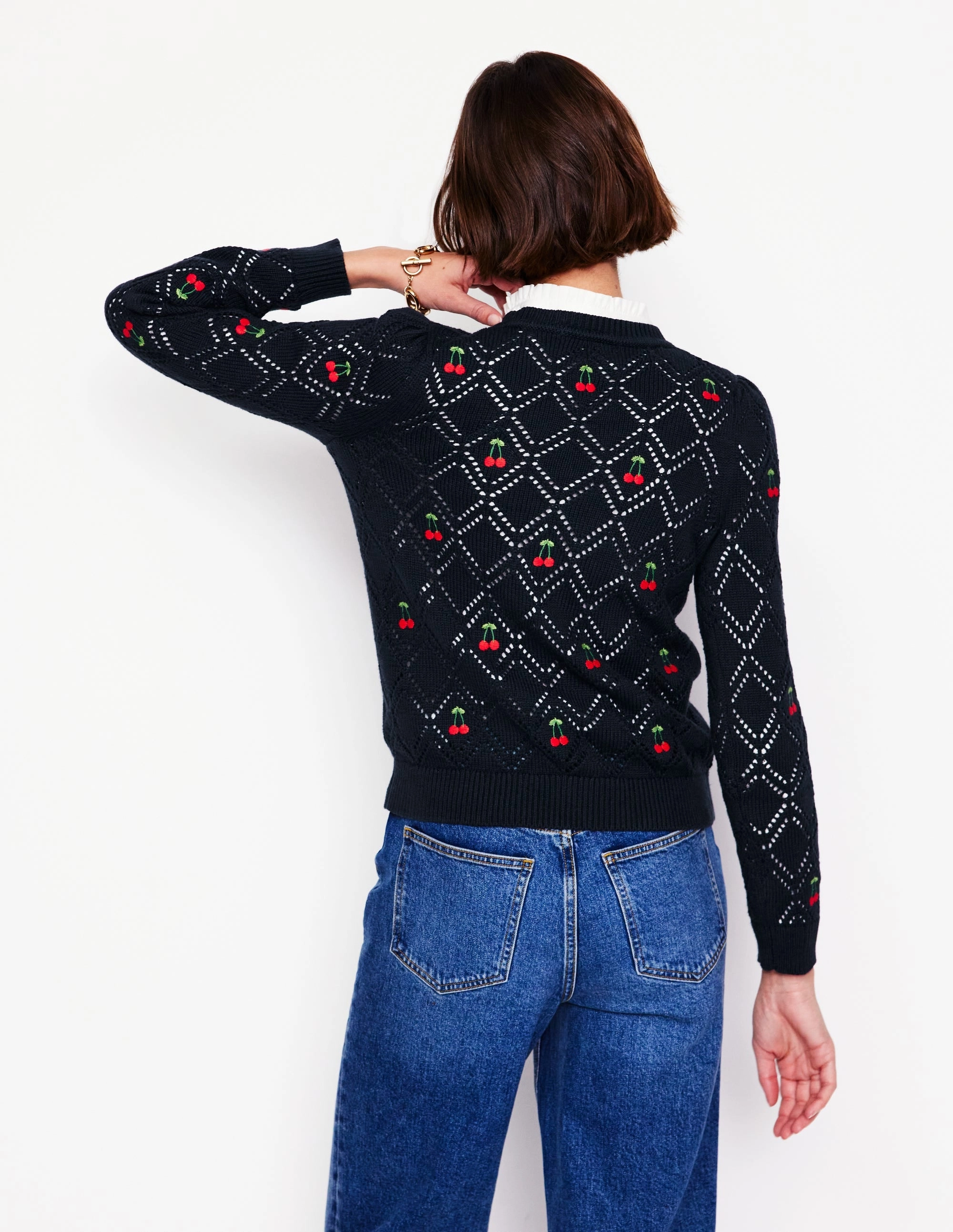 Enid Embroidered Jumper-Navy, Cherries Four Way Stretch Design
