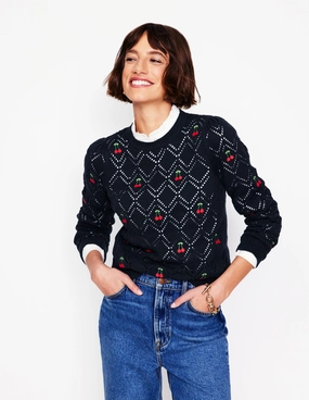 Enid Embroidered Jumper-Navy, Cherries Smart Look ZeroWaste Knitting Technique