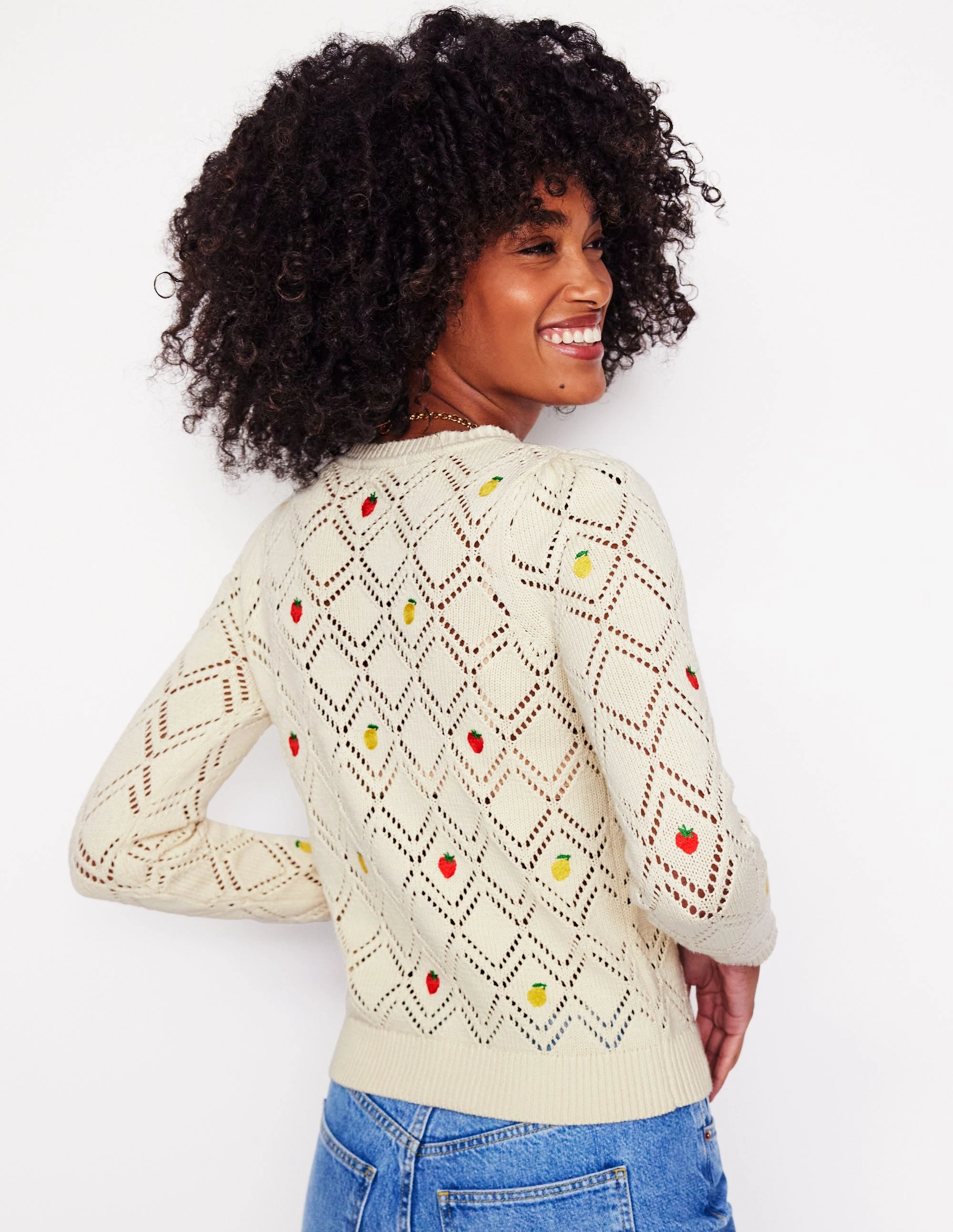 Enid Embroidered Jumper-Warm Ivory, Fruit Crisp Design Soft Apparel