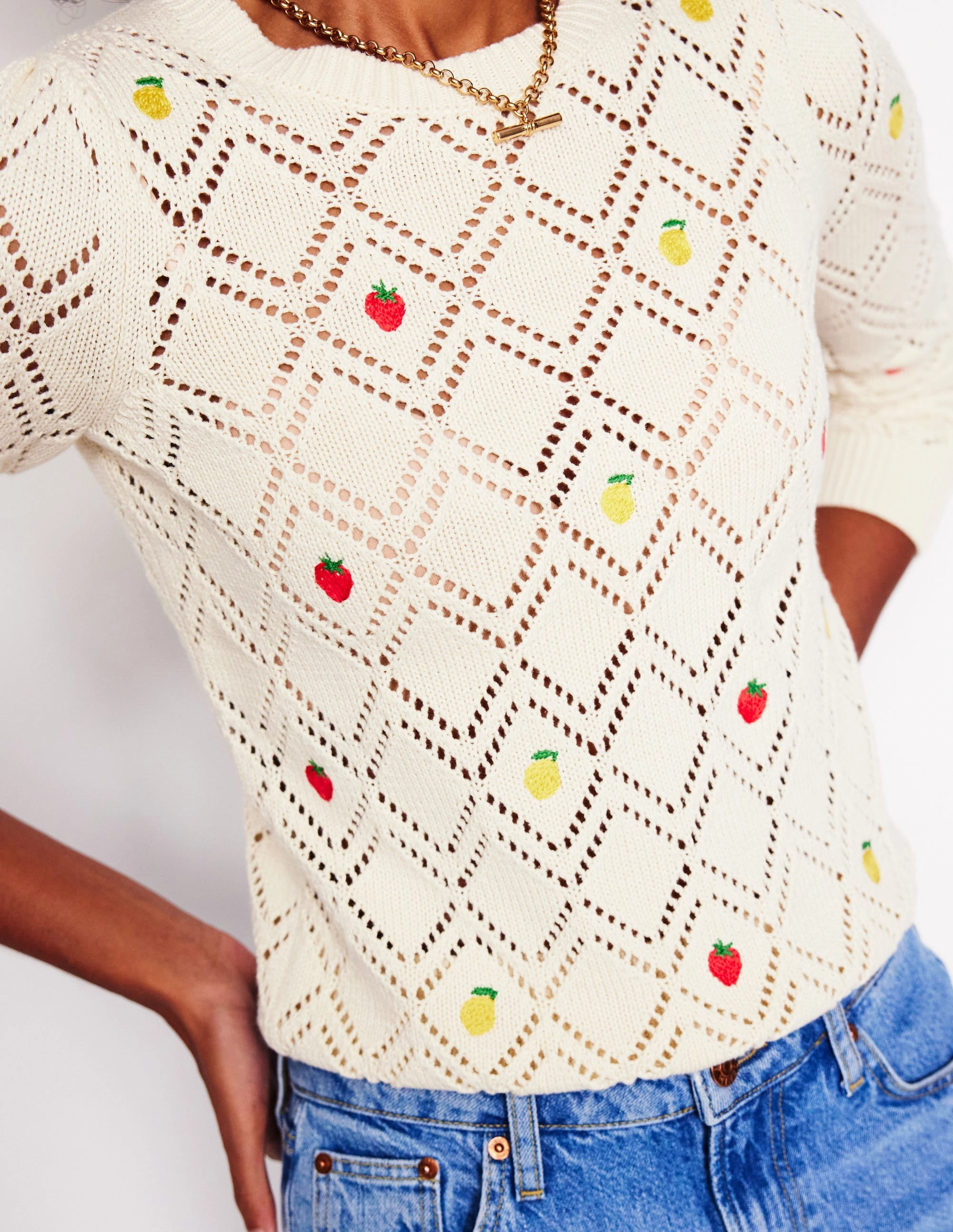 Enid Embroidered Jumper-Warm Ivory, Fruit Under Jacket