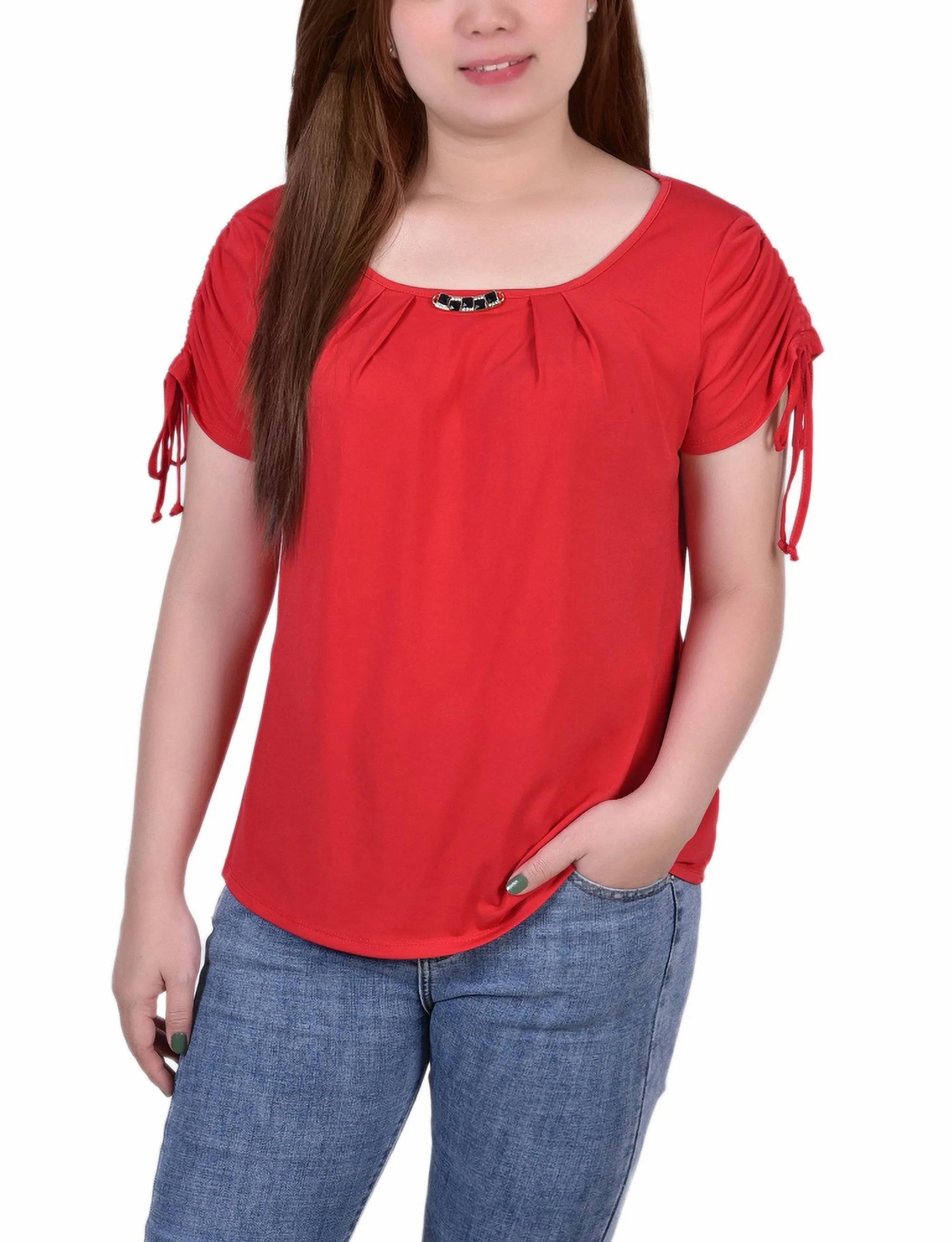 Quick-Dry Fabric Short Ruched Sleeve Top With Pleats