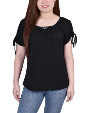 Short Ruched Sleeve Top With Pleats Anti Pilling HiddenZipper