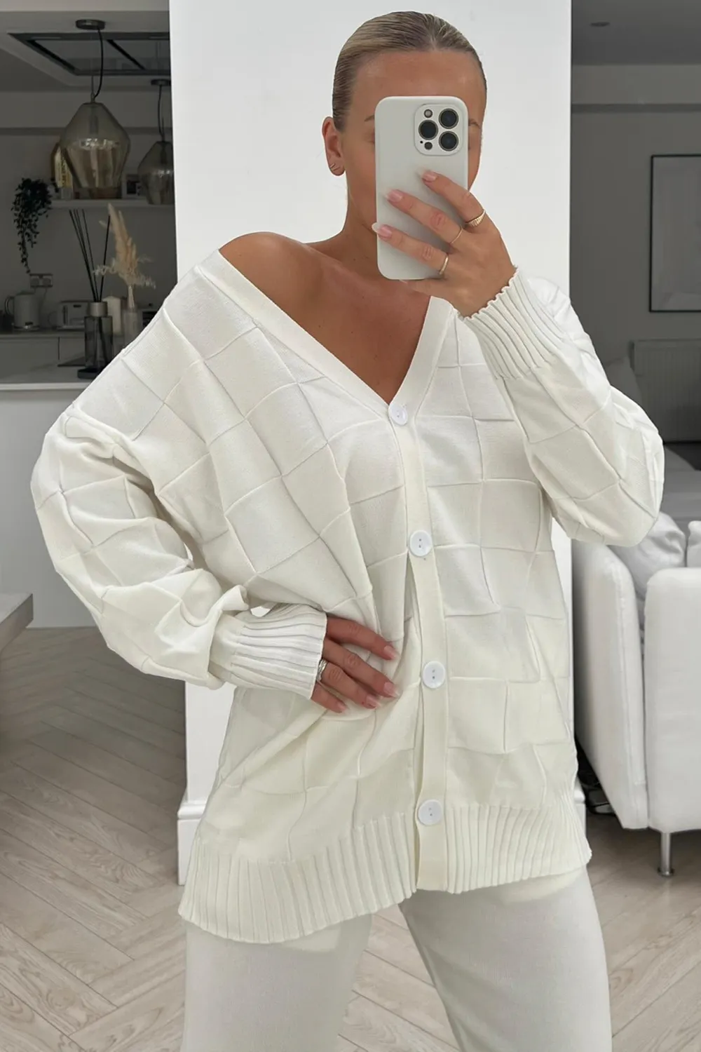 Erin cream square knit cardigan loungewear set