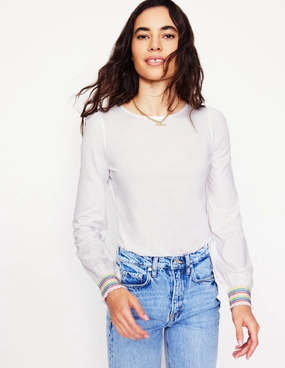Smocked Cuff Supersoft Top-White NonFade Dye Reinforced Neckline
