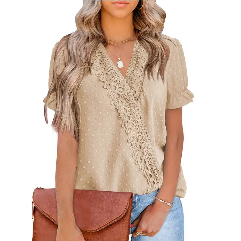 Bonded Seam Construction CHIFFON HAIRBALL LACE V-NECK SHIRT_CWTBLS0757