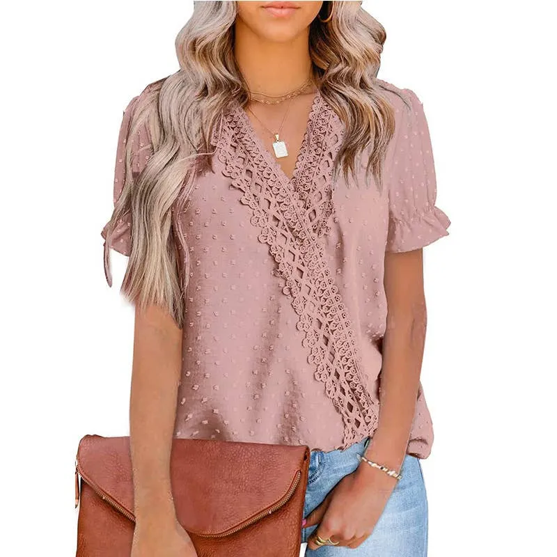 CHIFFON HAIRBALL LACE V-NECK SHIRT_CWTBLS0757 AntiPilling