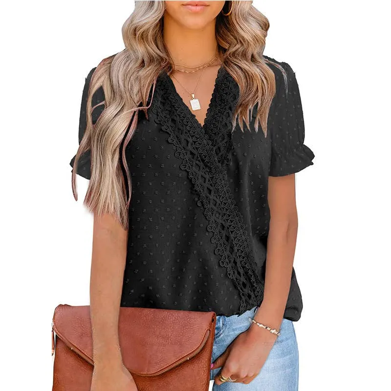 AntiOdor Basic Sweatshirt CHIFFON HAIRBALL LACE V-NECK SHIRT_CWTBLS0757
