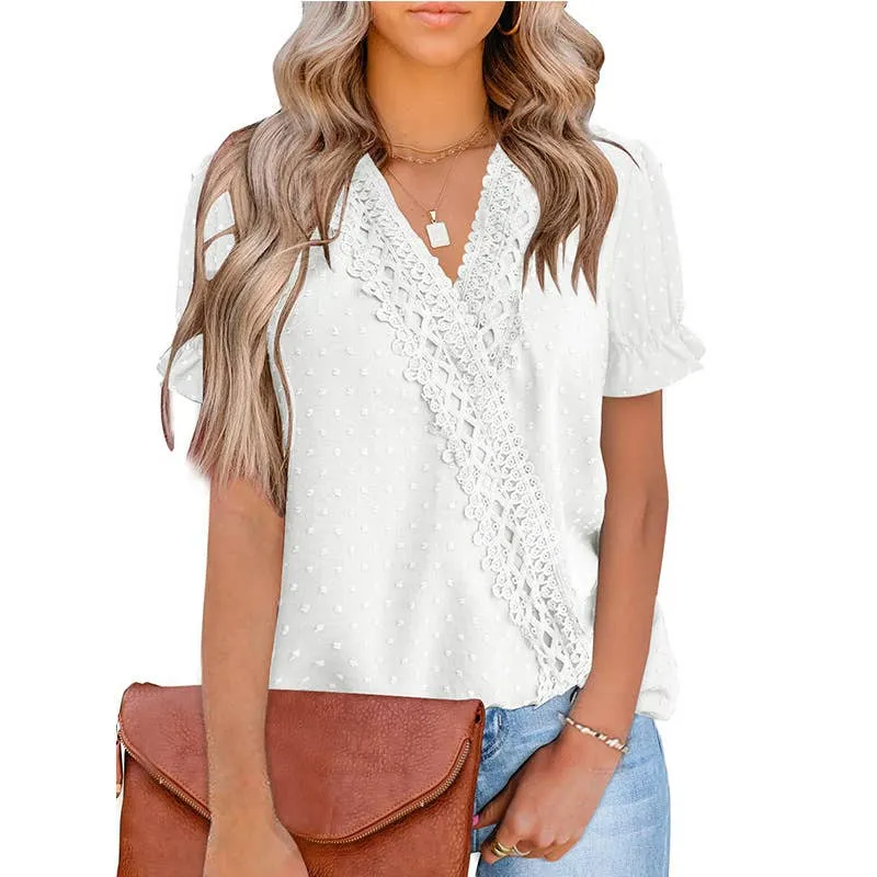 ChafeFreeEdging Sustainable Production Methods CHIFFON HAIRBALL LACE V-NECK SHIRT_CWTBLS0757
