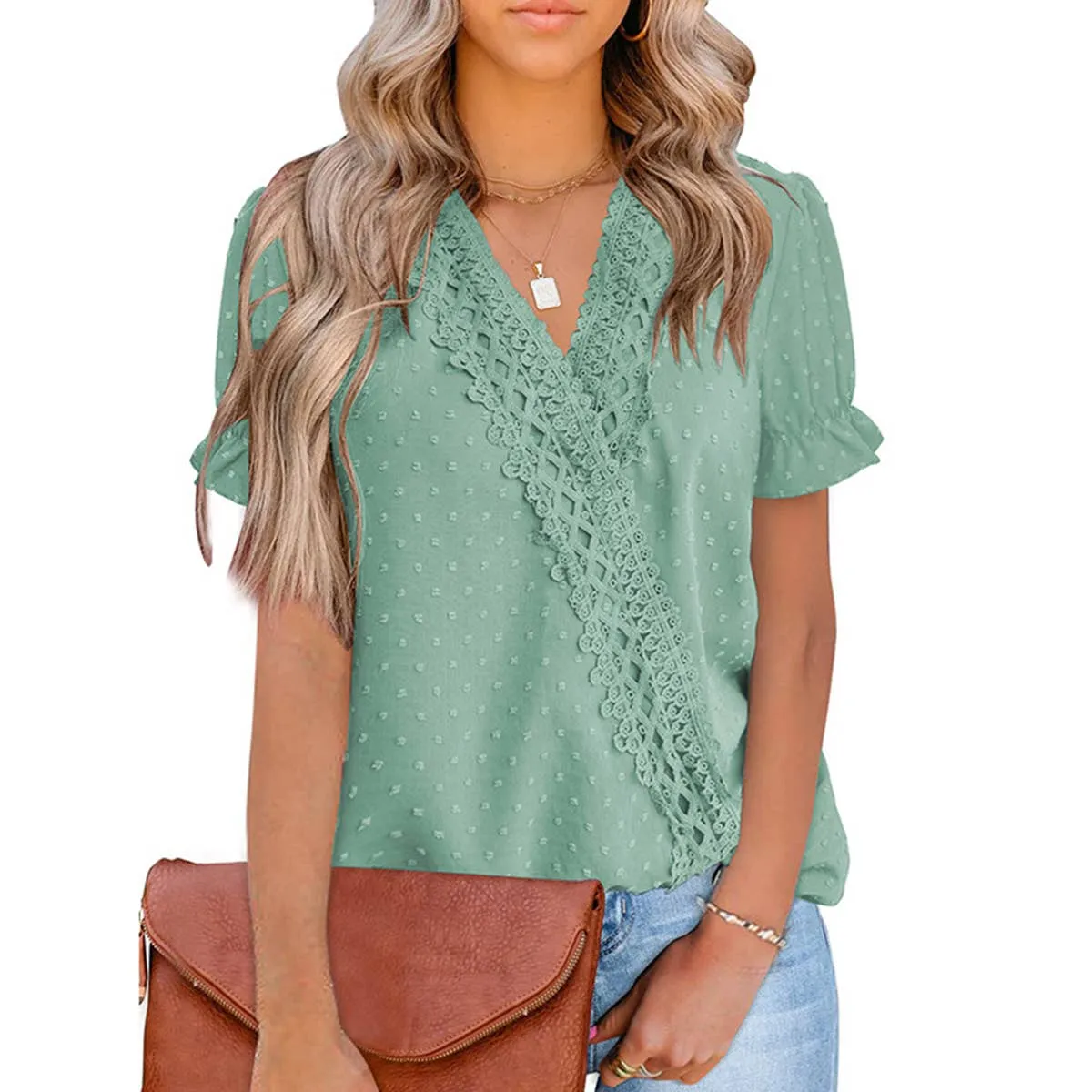 Hidden Ventilation Zones CHIFFON HAIRBALL LACE V-NECK SHIRT_CWTBLS0757