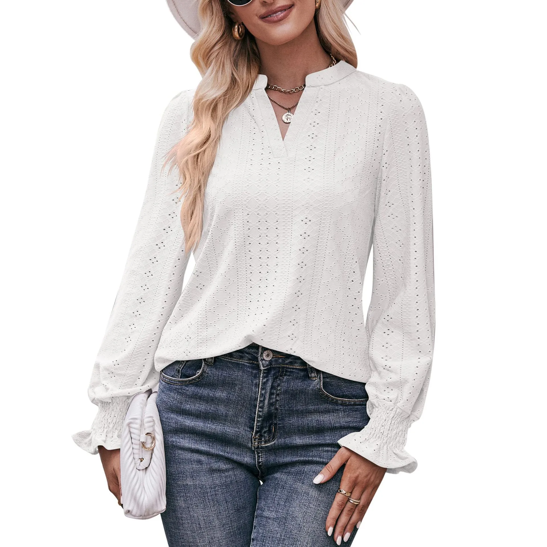 European And American Solid Color T-shirt Hole V-neck