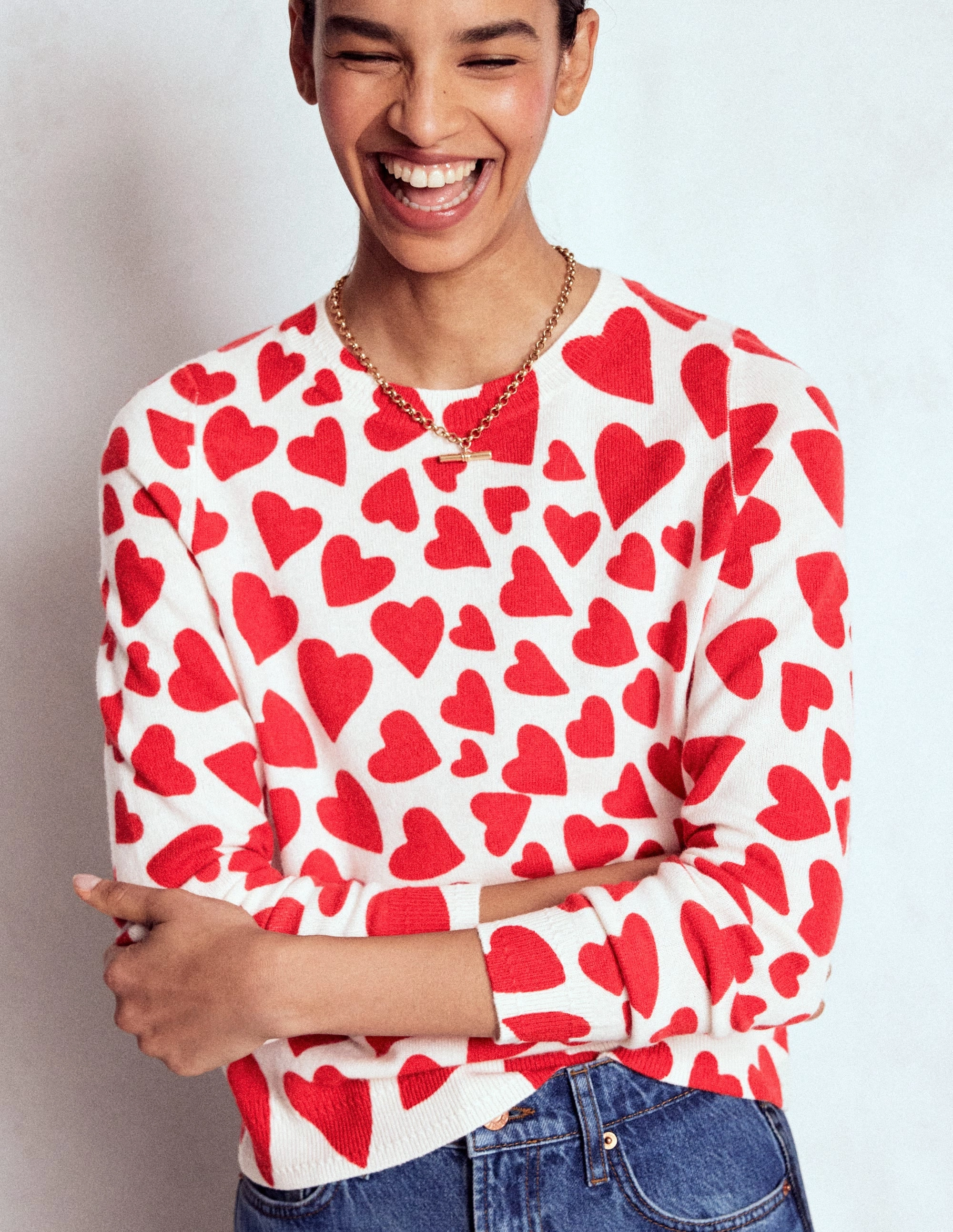 Morning Wear Eva Cashmere Crew Neck Jumper-Ivory, Heart Cluster