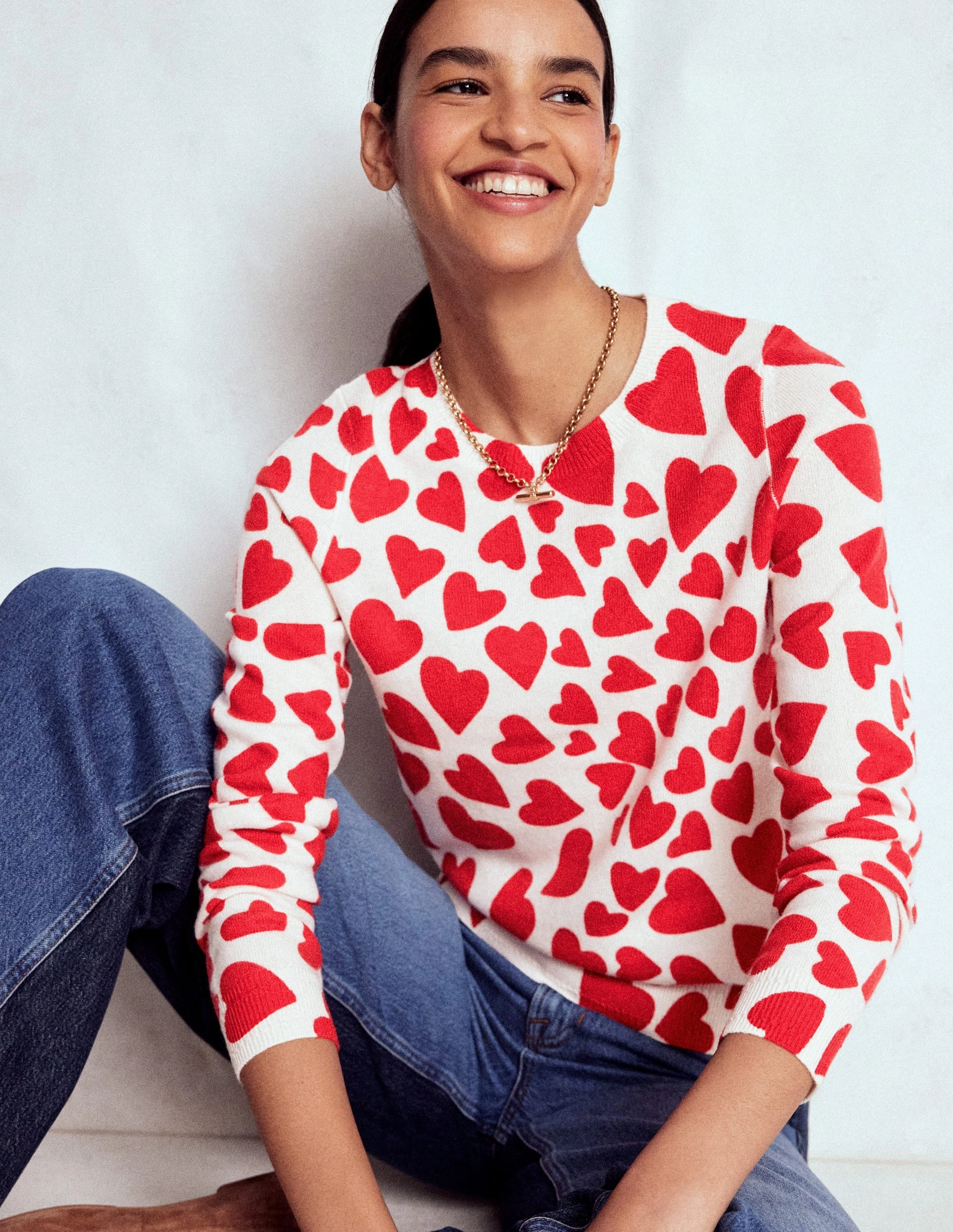 Eva Cashmere Crew Neck Jumper-Ivory, Heart Cluster Relaxed Armhole Fit Minimal Comfort
