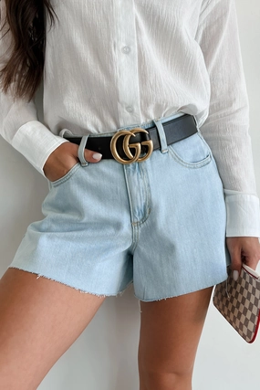 Evander High Rise Raw Hem Denim Sneak Peek Shorts (Light) Stain Resistant Weave Modern Fit