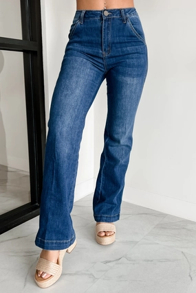 Core Utility WrinkleFreeFabric Everest High Rise Wide Leg Indigo Reign Jeans (Dark Blue)