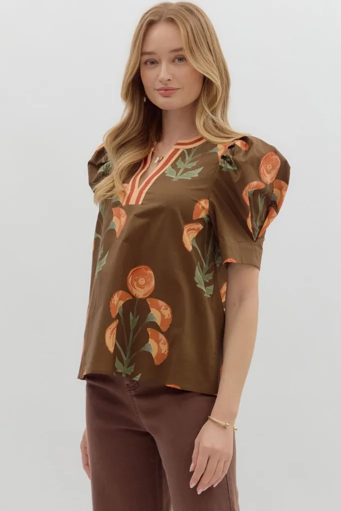 Soft Knit Layered Panel Design Everleigh Floral Top in Brown