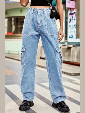 WOMEN COMFY ELASTIC WAIST DENIM CARGO JEANS Effortless Comfort