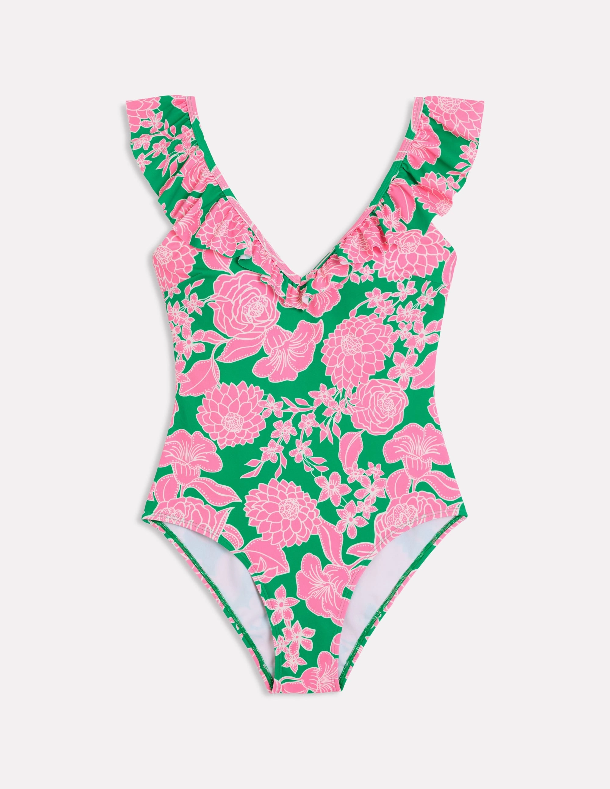 Evia Ruffle Swimsuit-Rich Emerald, Blossom Cascade Swim Fun Sun Protection