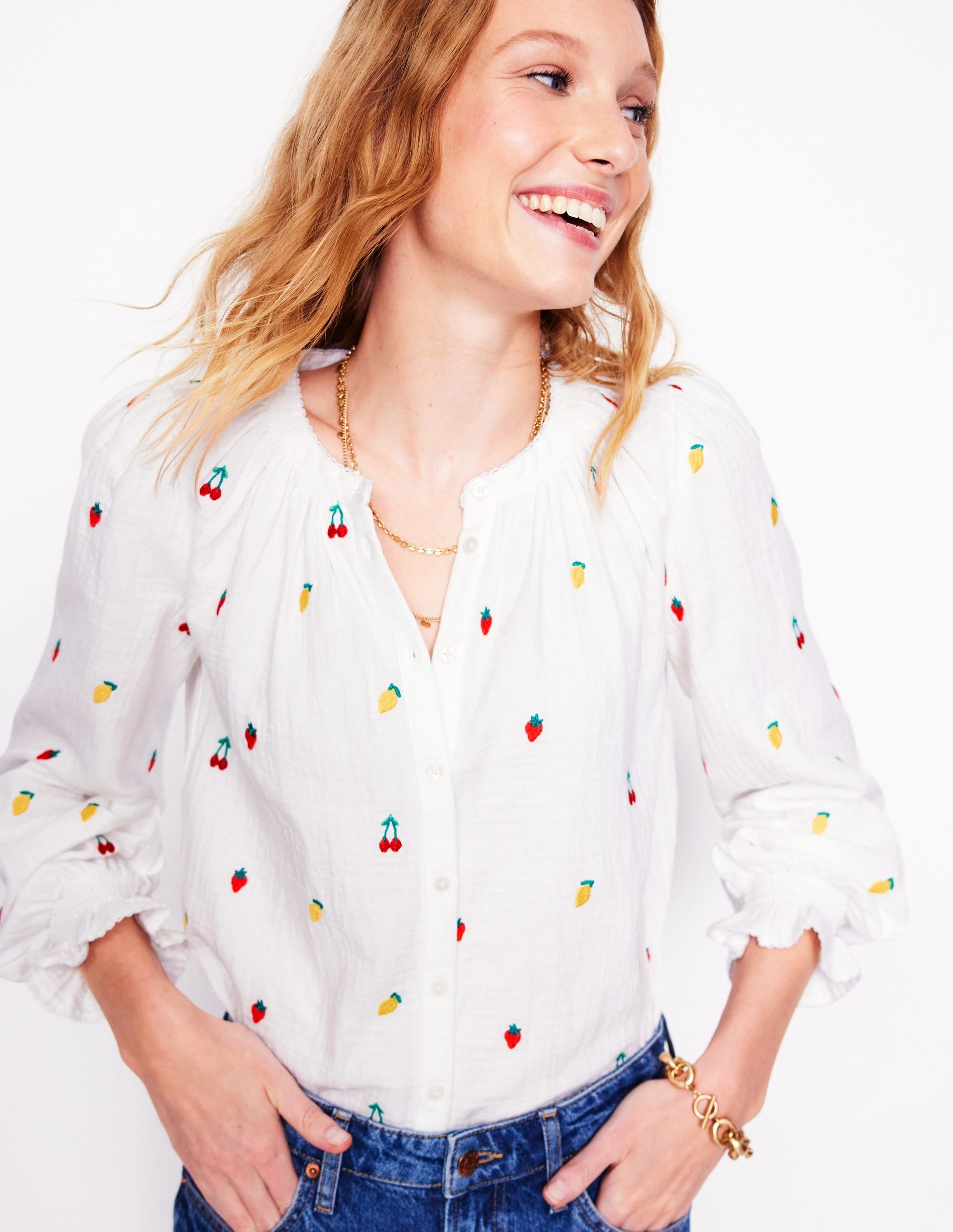 Evie Double Cloth Top-White, Embroidered Fruit FourWayStretchFabric