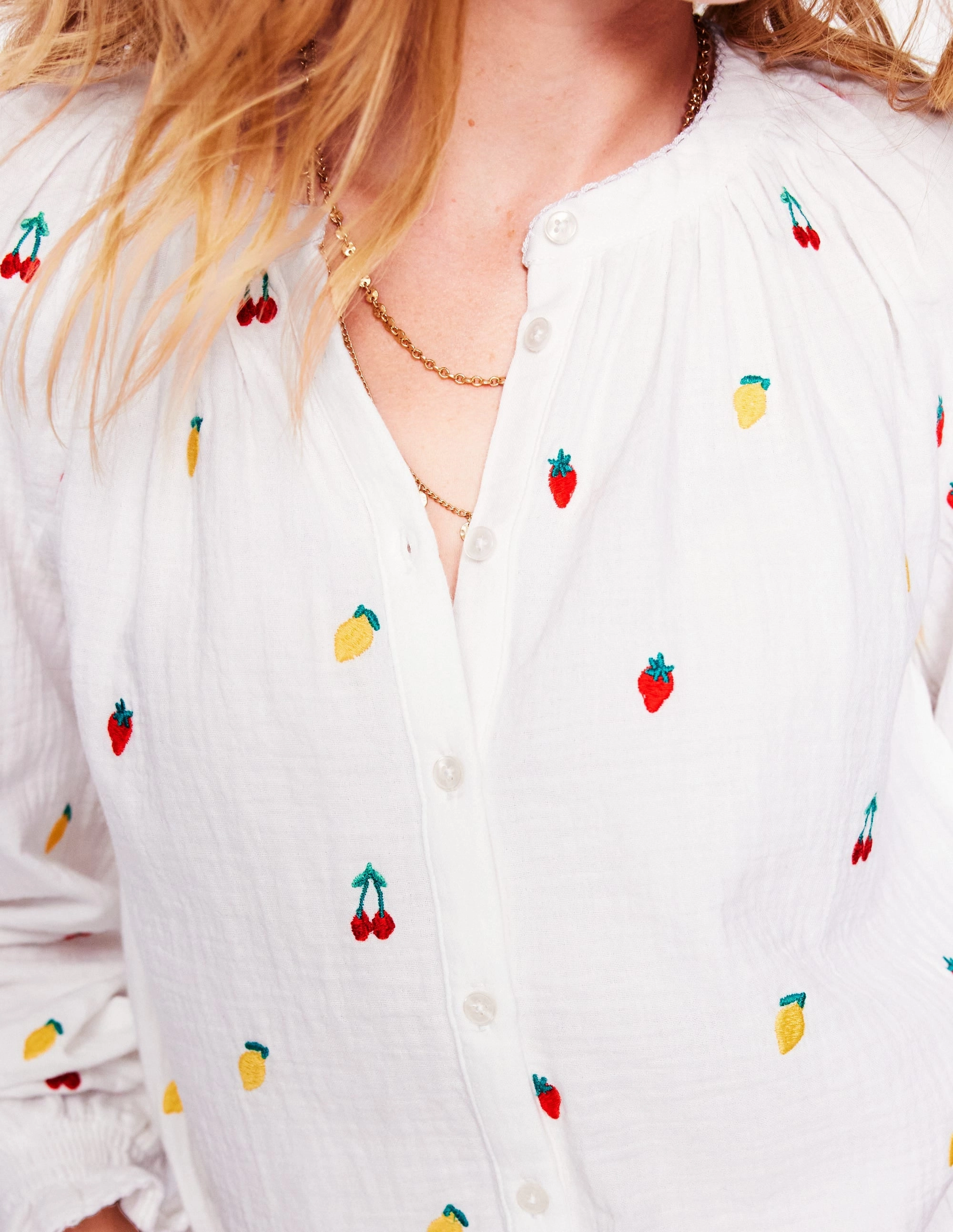 Evie Double Cloth Top-White, Embroidered Fruit Double Layered Fabric