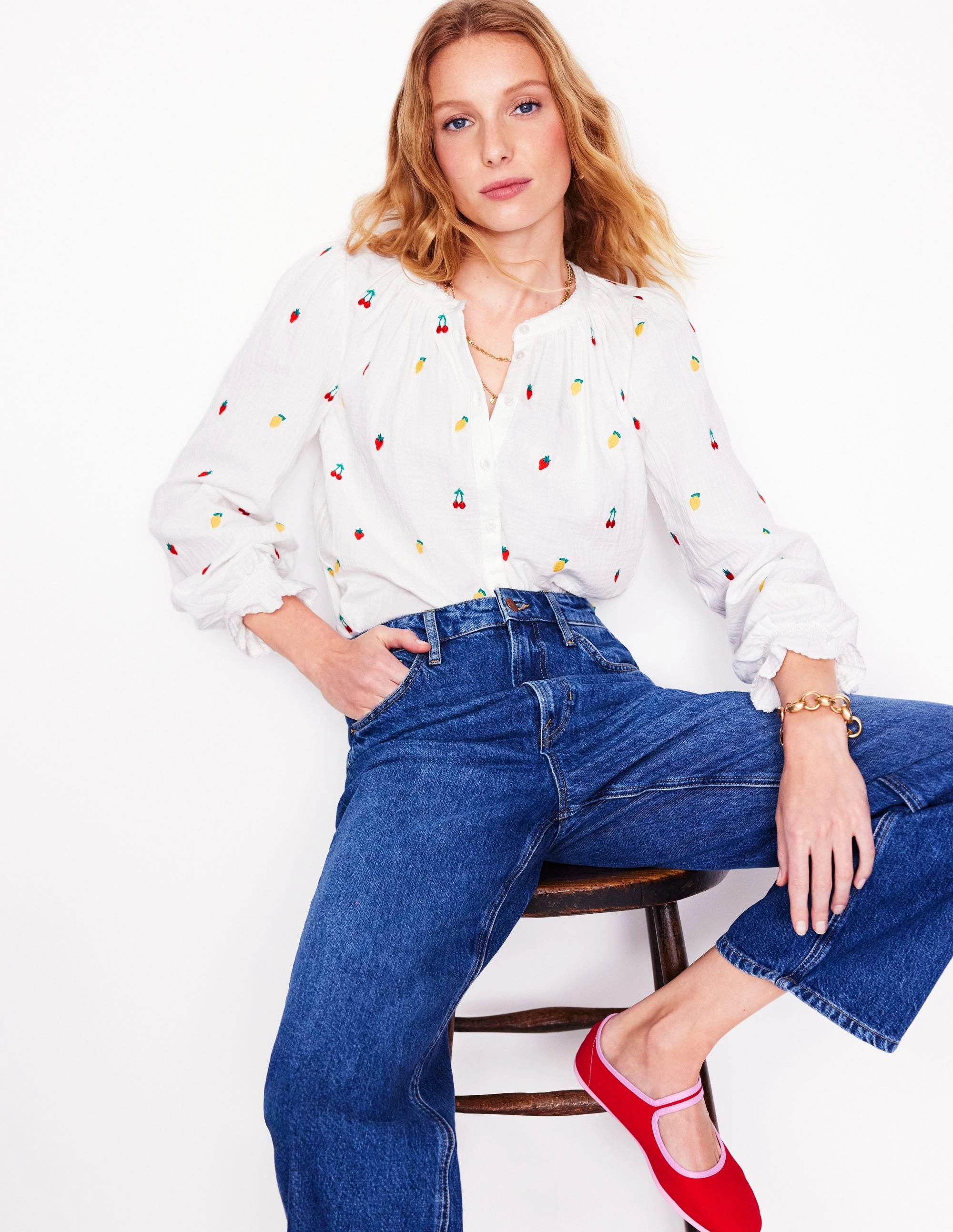 Circular Knit Technique Evie Double Cloth Top-White, Embroidered Fruit