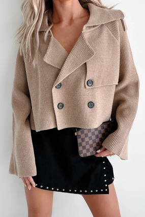 Expressing My Opinion Sweater Knit Crop Trench Jacket (Taupe) OdorControl Treatment