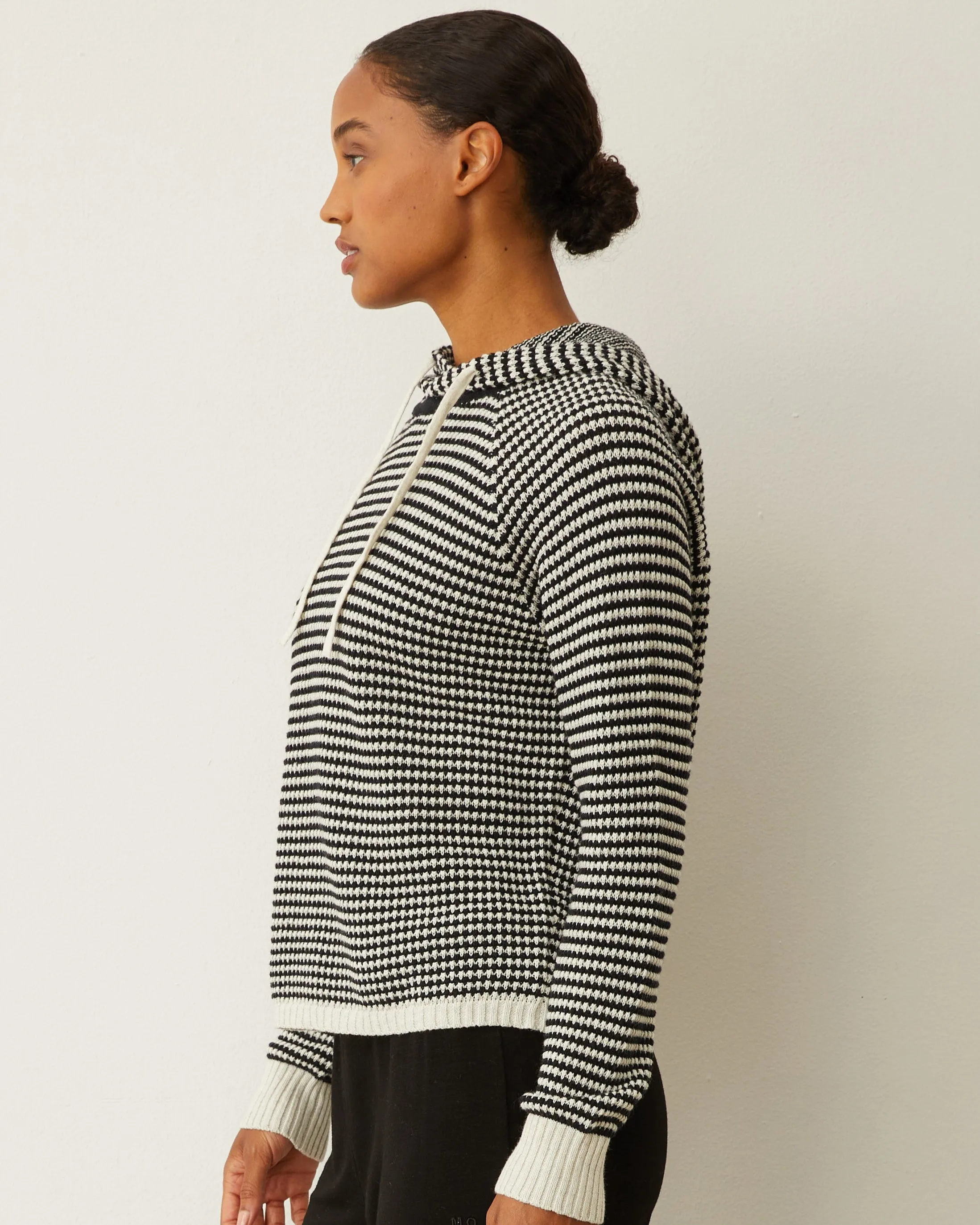 Cotton Cashmere Stripe Lounge Hoody Stud-Detail Open Design