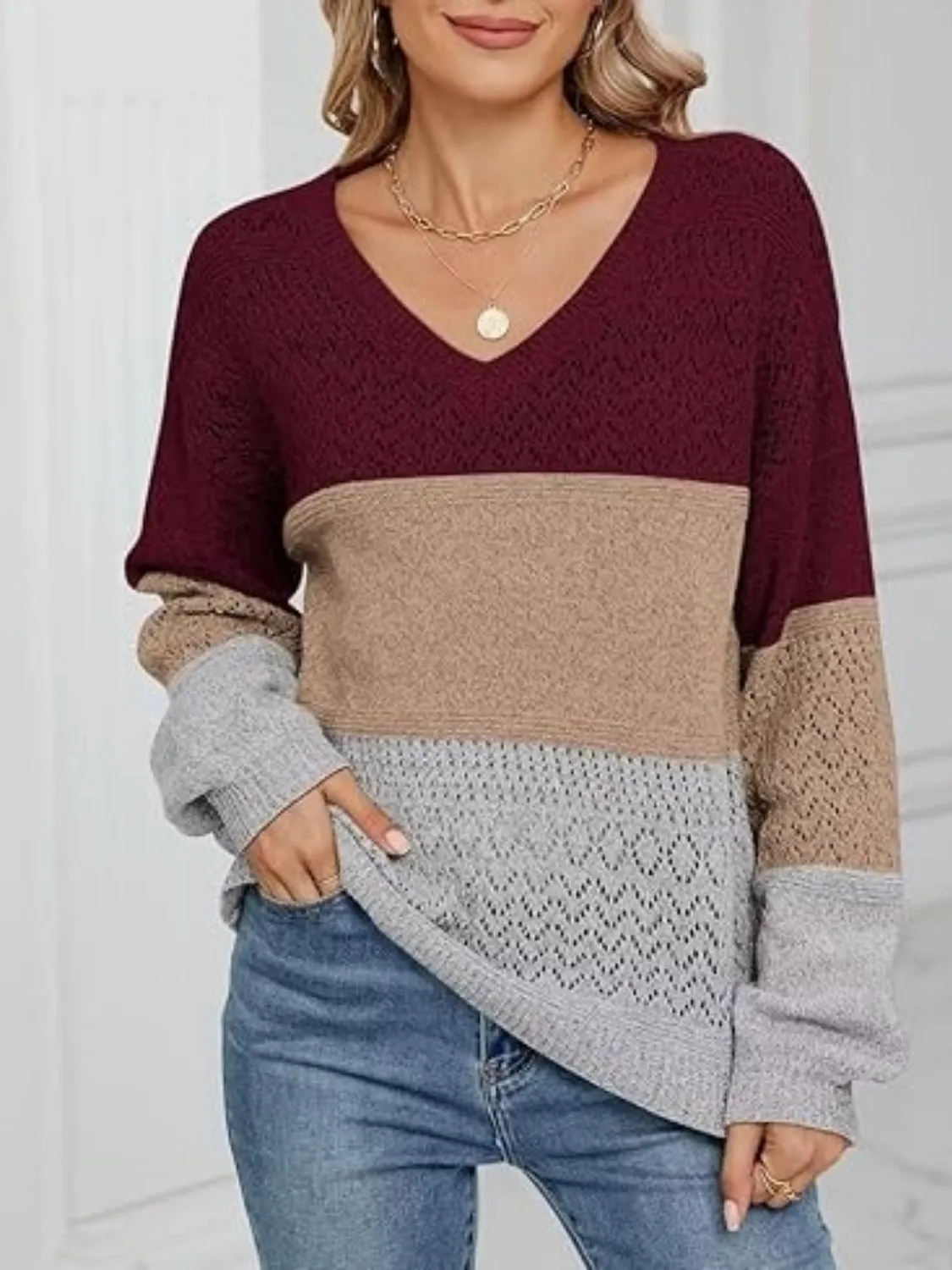Eyelet Color Block V-Neck Sweater
