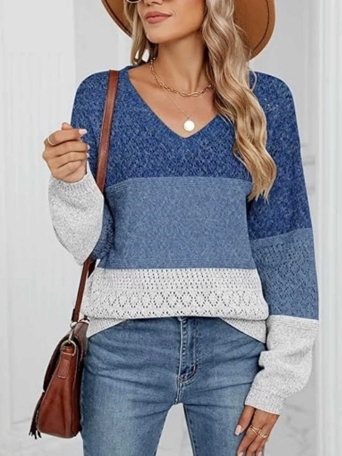 Eyelet Color Block V-Neck Sweater
