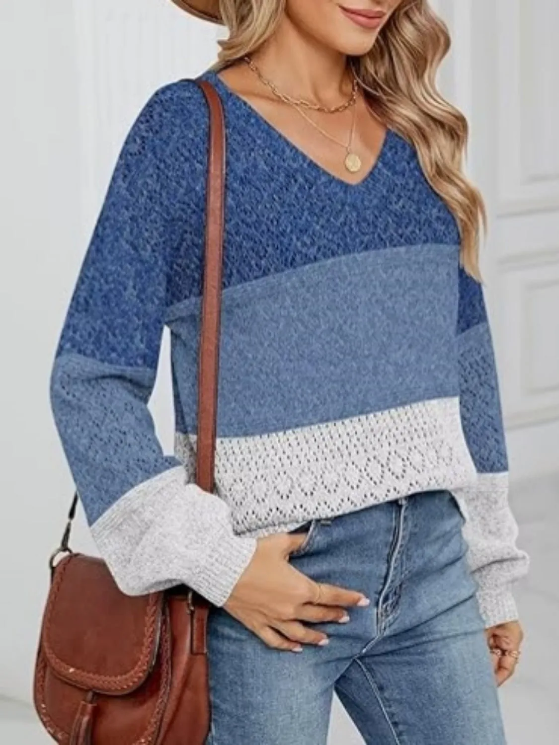Eyelet Color Block V-Neck Sweater