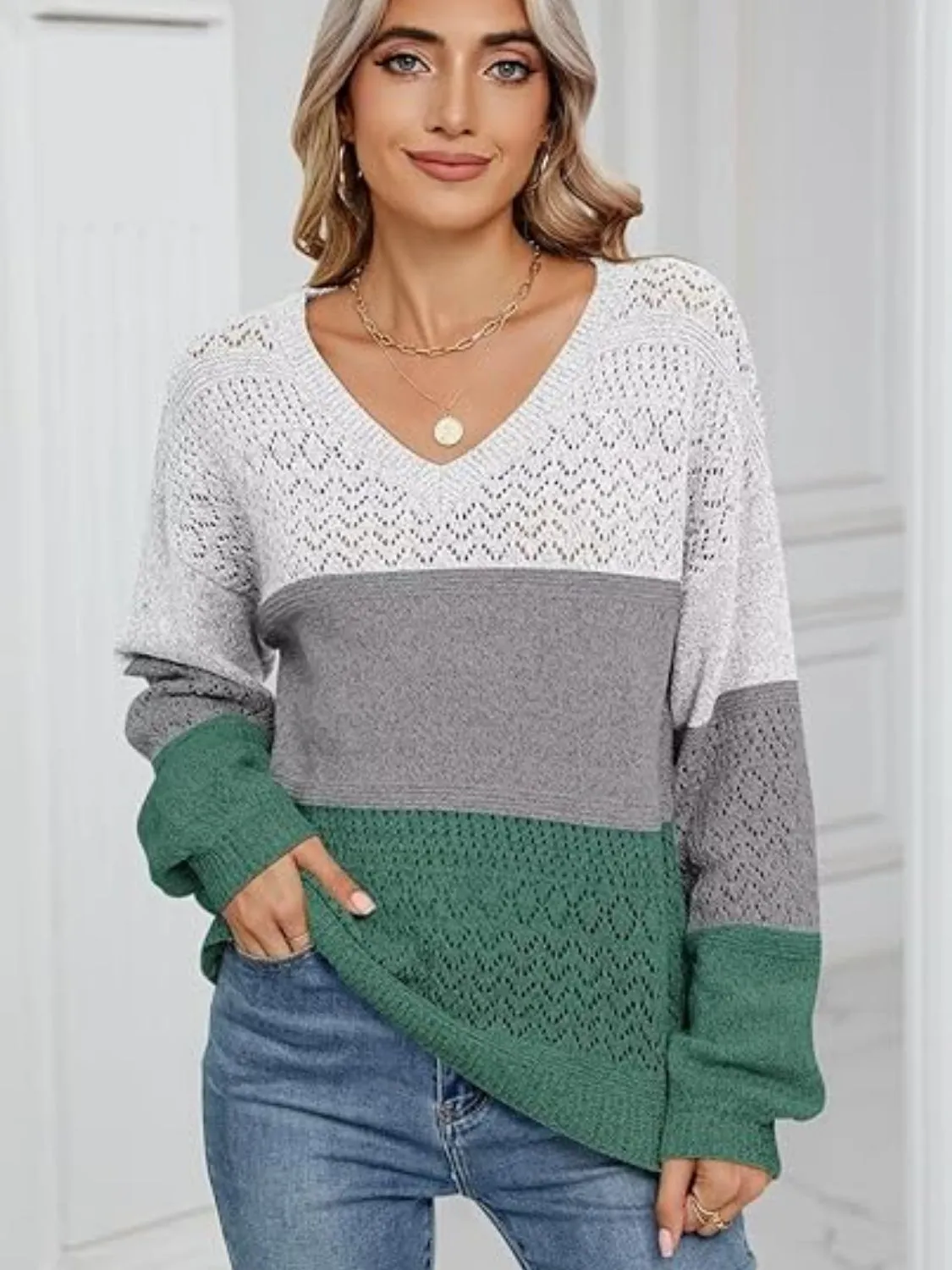 Eyelet Color Block V-Neck Sweater