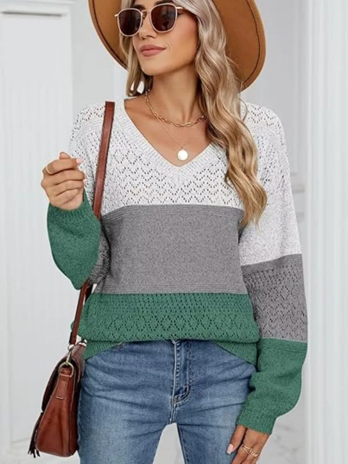 Eyelet Color Block V-Neck Sweater