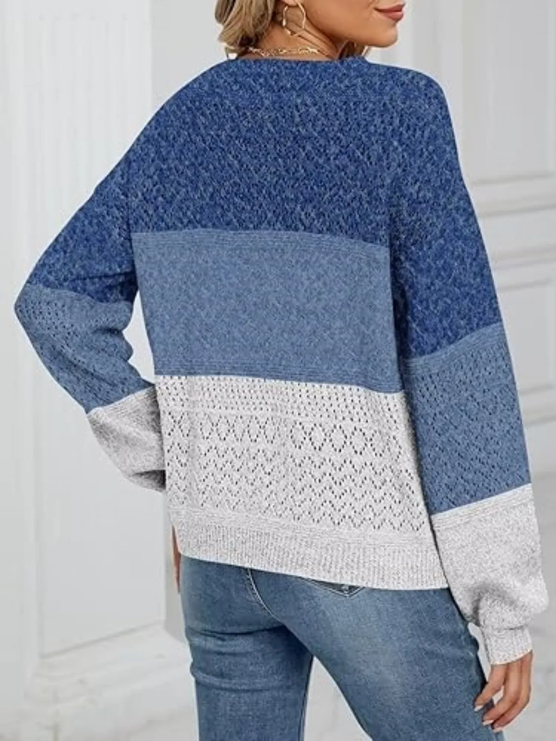 Eyelet Color Block V-Neck Sweater