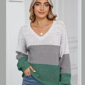 Eyelet Color Block V-Neck Sweater