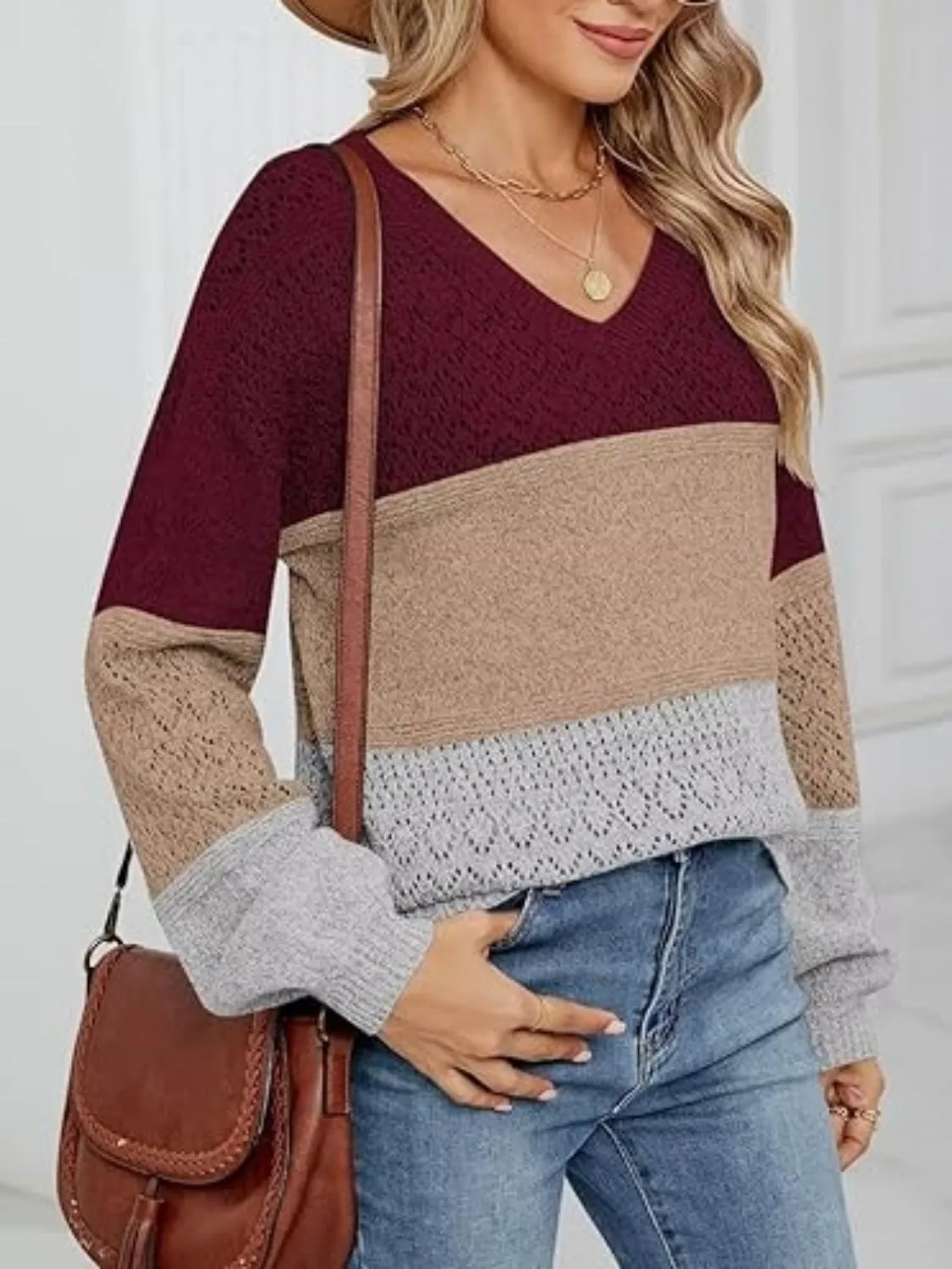Eyelet Color Block V-Neck Sweater