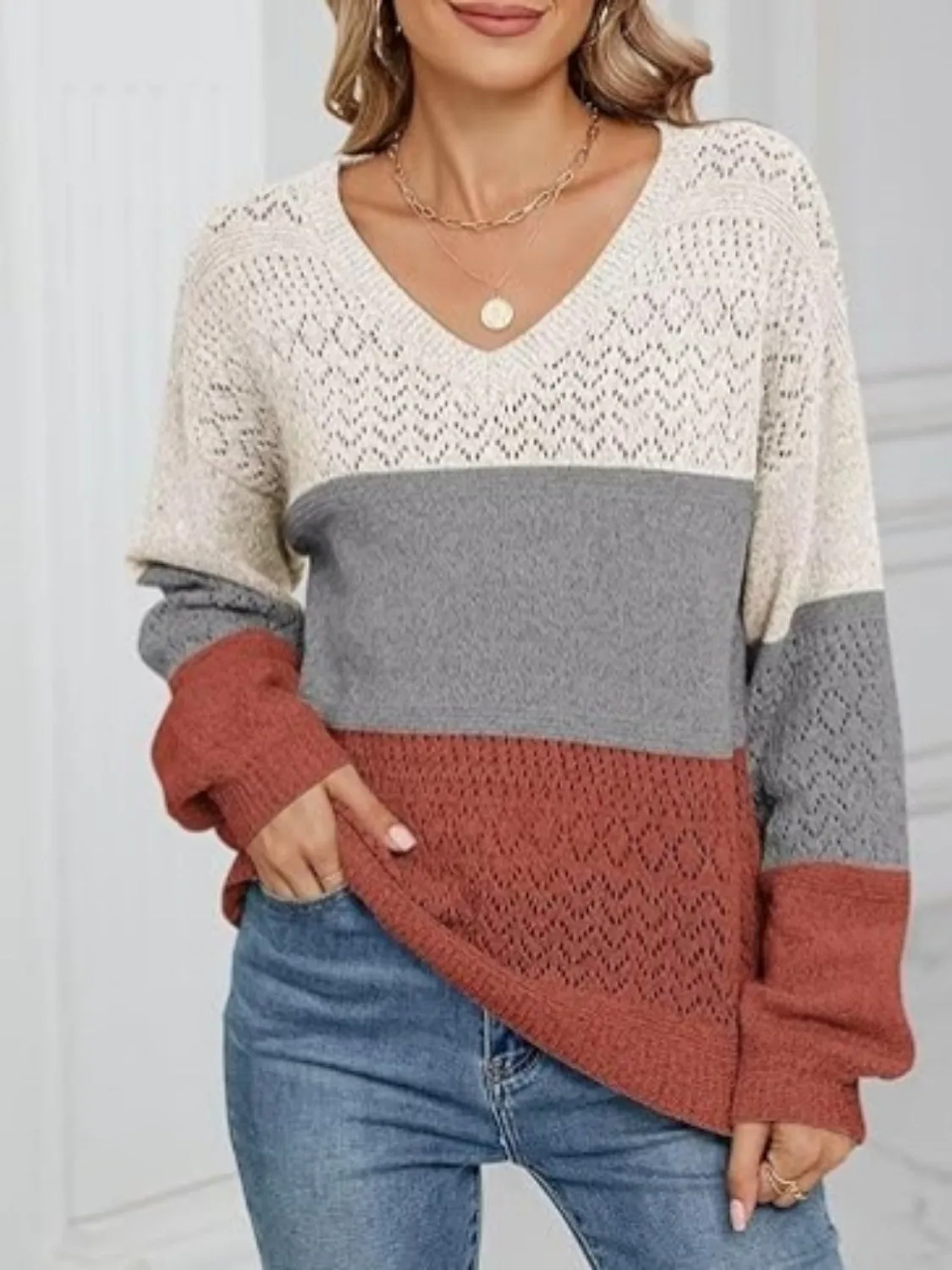 Eyelet Color Block V-Neck Sweater