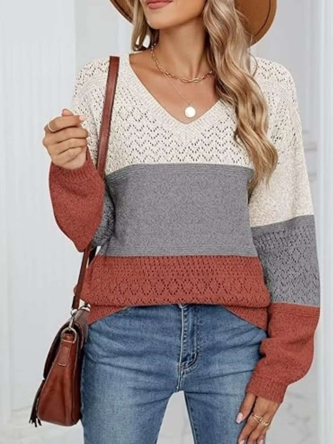 Eyelet Color Block V-Neck Sweater
