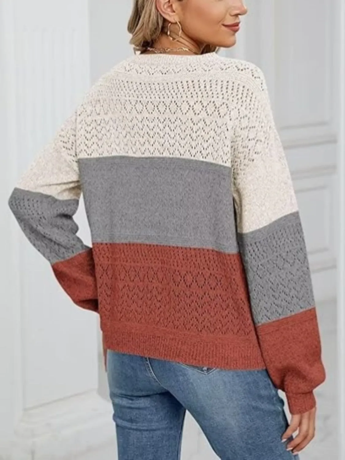 Eyelet Color Block V-Neck Sweater
