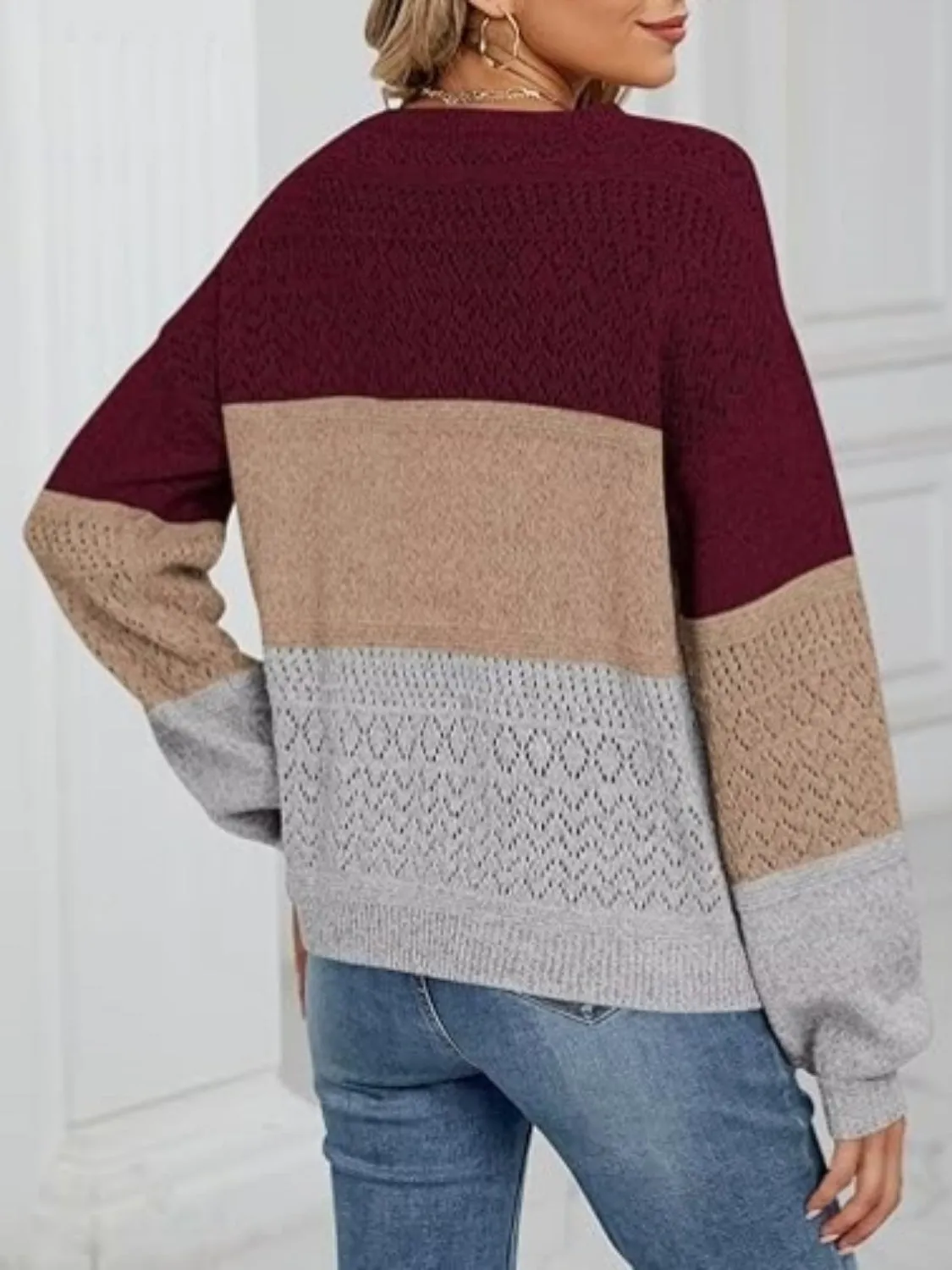 Eyelet Color Block V-Neck Sweater