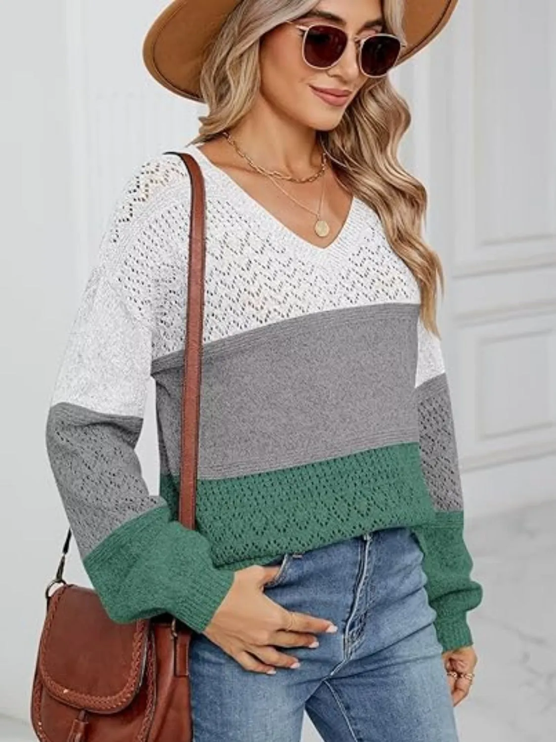 Eyelet Color Block V-Neck Sweater