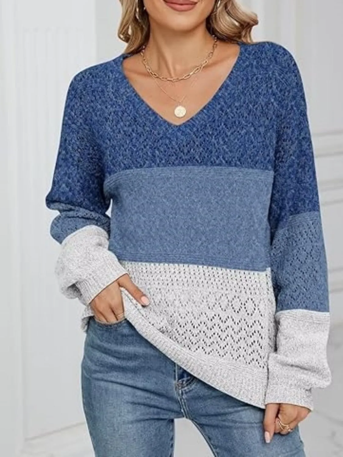 Eyelet Color Block V-Neck Sweater