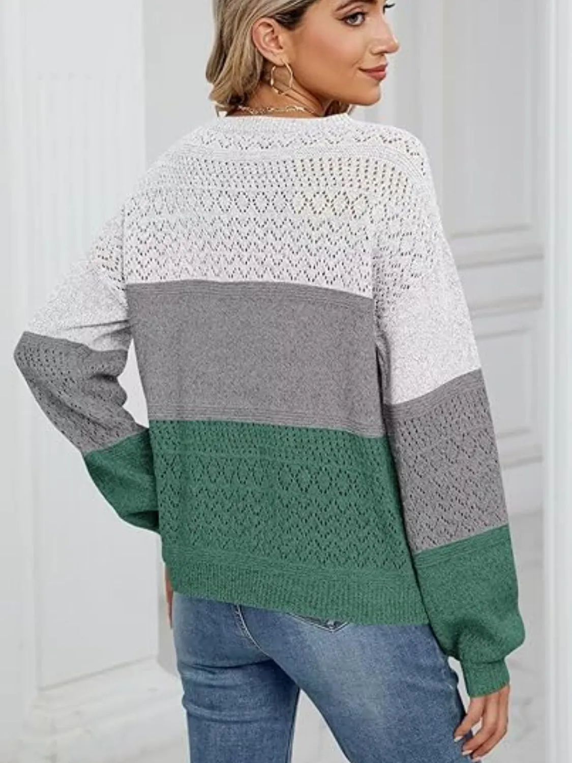 Eyelet Color Block V-Neck Sweater