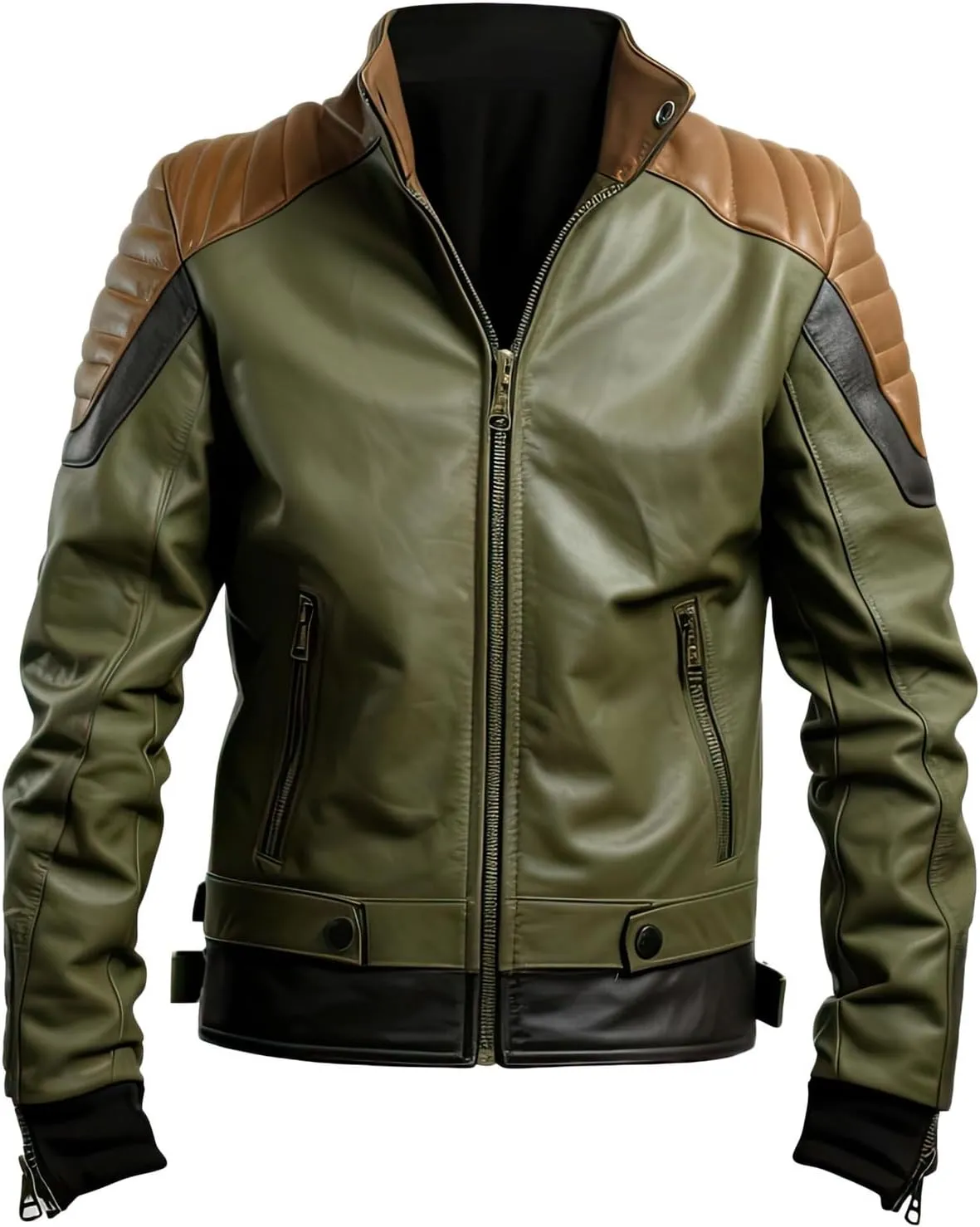 Faachi & Co Mens Olive Green Brown Genuine Sheepskin Quilted Shoulders Biker Retro Casual Classy Moto Rider Leather Jacket